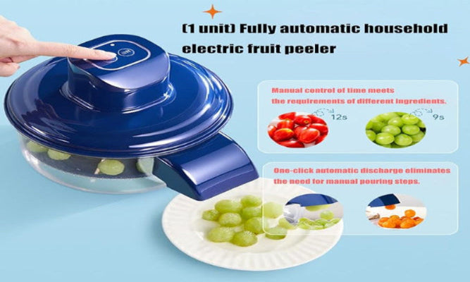 Blue electric fruit peeler with images of fruits and a hand using it on a light blue background.
